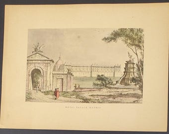 Vintage Royal Palace Madrid Hand-Colored Unframed Print 9.75x12.75" GC