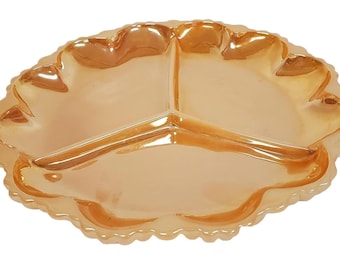 Bandeja vintage ámbar estilo Indiana de 3 compartimentos con bordes festoneados y separadores.