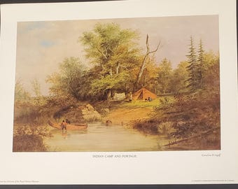 Reproduction vintage sans cadre 11x14 Comadco « Camp indien et portage » de Cornelius Krieghoff VG