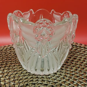 Può includere: Una ciotola di vetro trasparente con un design floreale smerigliato. La ciotola ha un bordo smerlato ed è posta su uno sfondo rosso. La ciotola è su un tappetino intrecciato.