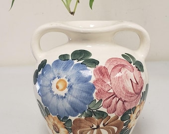 ヴィンテージ風手描きセラミック花瓶（高さ5.5インチ、花柄デザイン、両取っ手付き）