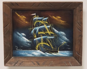 ヴィンテージ パントハ署名入り 航海船絵画 ベルベット製 木製フレーム付き 14x17インチ