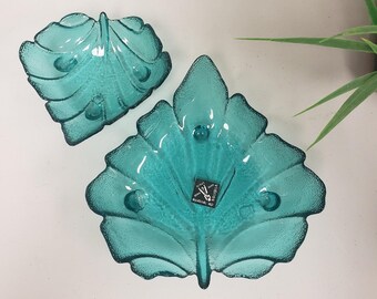 Vintage Vidrios De Levante Hand Made in Spain, Hand Blown Glass Teal Three Footed Leaf Shaped Salad Bowl, Set of 2