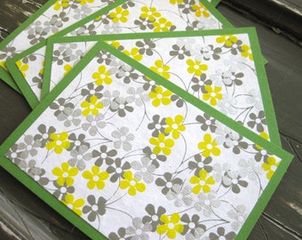 Yellow, Gray and Silver Floral Paper on Bright Green Flat Notecards with Matching Envelopes - Set of 4