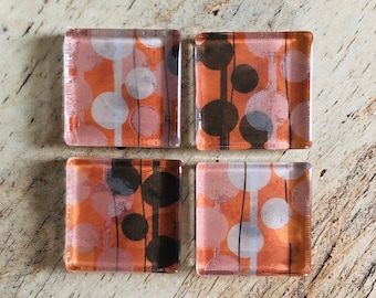 White and Brown Bubbles on Orange - square glass magnets - set of 4