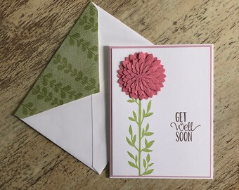 Get Well Soon with pink flower embellishments - handmade greeting card