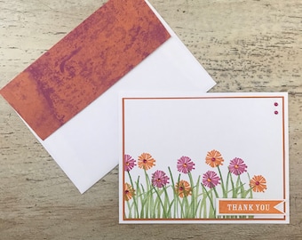 Pink and Orange Flowers in Tall Green Grass Thank You Card - Handmade Greeting Card