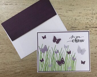 For You Mom with purple butterflies fluttering in green grass - Handstamped Card