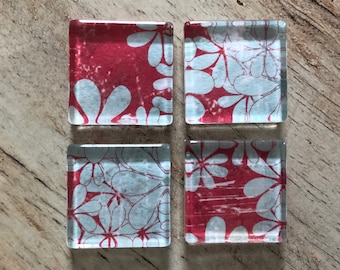 Red and Light Blue Floral - square glass magnets - set of 4