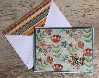 Orange, Red and Aqua Floral Thank You Card - Handmade Greeting Card