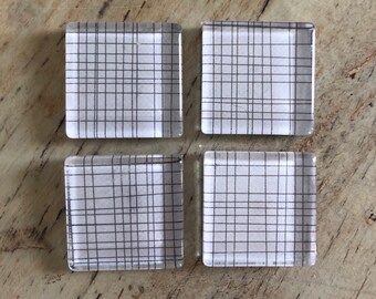 Gray Grid Lines on White - square glass magnets - set of 4