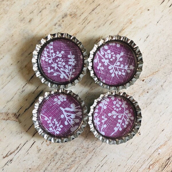 Lilac and White Floral Bottlecap Magnets - Set of 4