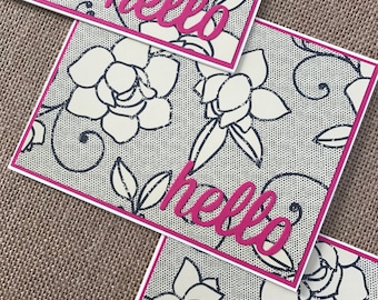 hot pink hello on cream and navy floral paper - set of 3 notecards - handmade greeting cards