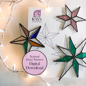 May include: A digital download pattern for stained glass stars. The pattern includes three different star designs, each with a different colour scheme. The stars are shown in a variety of colours, including pink, green, blue, and orange. The pattern is available for download from Rays Glassworks.