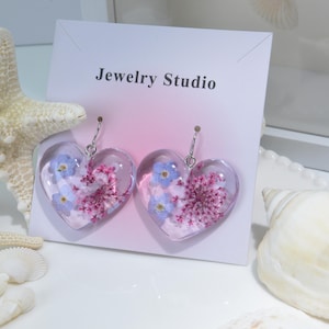 Forget-Me-Not Pressed Flower Earrings | Baby&#39;s Breath Flower Heart-Shaped Earrings | Real Wildflower Earrings | Birthday Gift For Her