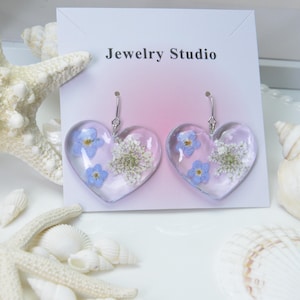 Forget-Me-Not Pressed Flower Earrings | Baby&#39;s Breath Flower Heart-Shaped Earrings | Real Wildflower Earrings | Birthday Gift For Her