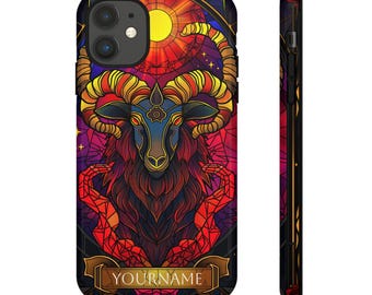 Aries Zodiac Phone Case for iPhone 16 15 14 Pro Max, Samsung Galaxy S25 S24, Google Pixel , Stained Glass Aries Phone Case with Name Option