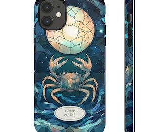 Stained Glass Cancer Zodiac Phone Case for iPhone 16 15 14 Pro Max, Samsung Galaxy S25 S24, Google Pixel , Custom Name Horoscope Phone Case
