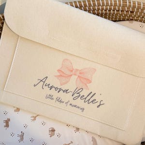 Personalized Cream Pink Bow Felt Nursery Keepsake Notes Folder | Baby Keepsake Child Drawings
