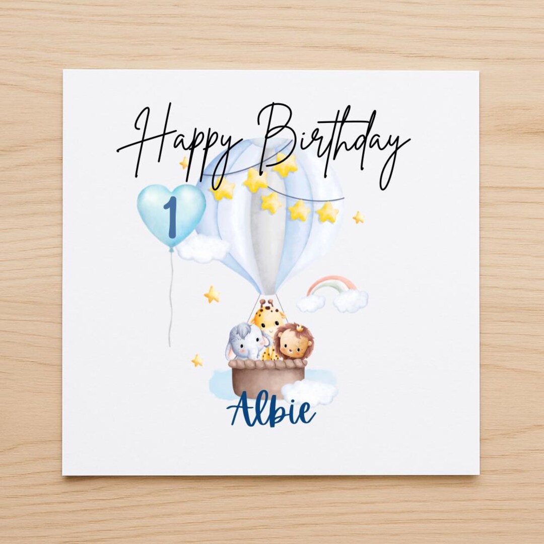 Personalized First Birthday Card: Hot Air Balloon Safari Animals - Etsy