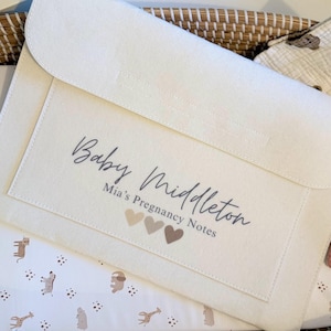 May include: A cream-coloured felt pregnancy notes holder, featuring the text "Baby Middleton" and "Mia's Pregnancy Notes". The design includes three heart shapes in beige and brown. It rests on a patterned baby blanket.