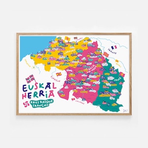 以下が含まれることがあります： バスク地方の額入り地図。カラフルなイラストとテキストが特徴です。地図は、黄色、ピンク、緑の色合いで地域を強調し、旗と地名が描かれています。テキストには「EUSKAL HERRIA」と「PAYS BASQUE FRANÇAIS」が含まれています。
