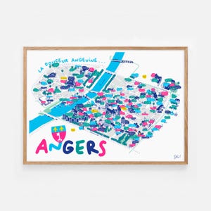 May include: A colourful illustrated map of Angers, France, with the text "La Douceur Angevine..." and "Angers" in a whimsical font. The map features various landmarks and points of interest, including a castle, a river, and a cathedral.