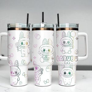 Custom Bunny Tumbler with Handle: Pastel Line Art, Personalized Kids Gift