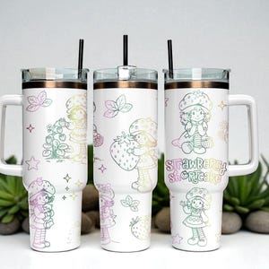 Custom Strawberry Character Tumbler with Handle, Pastel Line Art Cup with Cute Animal Drawing, Personalized Kids Gift, 40oz Tumbler Mug