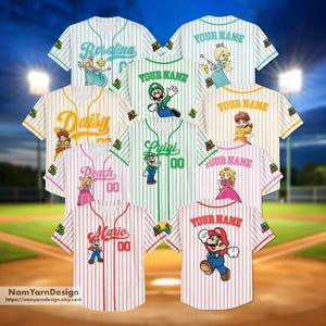 Personalisiertes Super Mario Baseball Jersey, Super Mario Luigi Daisy Peach Geburtstagskind Jersey, Mario Geburtstagsjungengeschenk, Mario Familienshirt