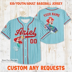 Personalized Princess Ariel Baseball Jersey: Kids, Youth, Adults