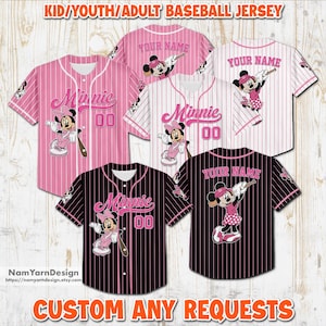 Personalisiertes Minnie-Maus-Baseball-Trikot, Disney Minnie-Maus-Baseball-Trikot, Benutzerdefinierte Name Anzahl Erwachsene / Jugend / Kinder-Baseball-Trikot