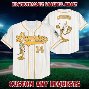 Customized Disney Lumiere Baseball Jersey, Kids Youths, Adults Baseball Jersey, Disney Princess Baseball Jersey Outfits