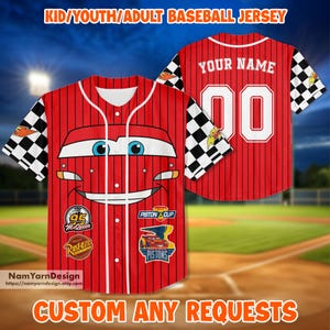 Aangepaste naam en nummer Disney Cars Lightning McQueen Baseball, gepersonaliseerde Cars Baseball Jersey-team, cadeau voor honkbalfans, cadeau voor kinderen