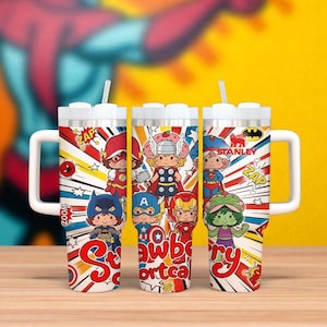 Custom Strawberry Character Super Hero Tumbler, Pastel Line Art Cup with Cute Animal Drawing, Personalized Kids Gift, 40oz Tumbler Handle