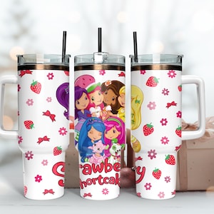 Custom Strawberry and Friends Super Hero Tumbler, Pastel Line Art Cup with Cute Animal Drawing, Personalized Kids Gift, 40oz Tumbler Handle