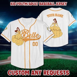 Custom Name Disney Princess Belle Baseball Jersey, Kids, Youths, Adults Baseball Jersey, Disney Princess Baseball Jersey Outfits