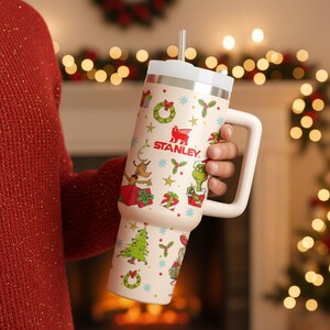 Merry Green Guy 40oz Christmas Tumbler With Handle, The Green Monster And Friends Cup, Perfect Gift For Christmas 003