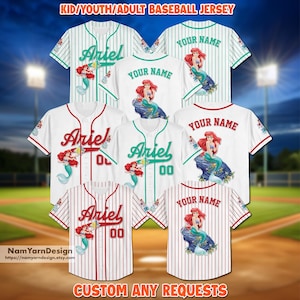Personalized Disney The Little Mermaid Ariel Princess Baseball Jersey, Kid Adult Baseball Fan Disneyland Princess Matching Birthday Gift