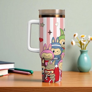 Limited Bunny Character x Colab Tumbler with Handle, Pastel Line Art Cup with Cute Animal Drawing, Trending Gift 2025, 40oz Tumbler Mug