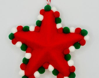 Red Felt Star Decoration  |  Handmade  |  Red, Green & White Christmas Bauble  |  Festive Xmas Tree Decoration  |  Christmas Gift