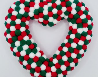 Christmas Felt Ball Heart Wreath  |  Handmade  |  Red, Green & White Christmas Wreath  |  22cm Heart  |  Xmas Decoration  |  Christmas Gift