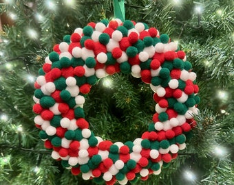 Felt Ball Pompom Wreath  |  Handmade  |  Red, Green & White Christmas Wreath  |  18 cm Wreath  |  Xmas Decoration  |  Christmas Gift