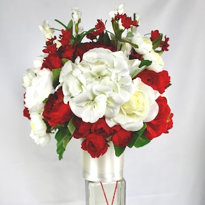 Red & White Roses Floral Bottle Topper - Tightly Packed Bouquet Bottle Topper - Valentine&#39;s Day, Weddings, Anniversary Celebrations - Unique