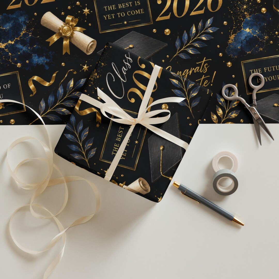 Graduation Navy & Gold Class of 2026 Wrapping Paper Sheets (set of 3 ...