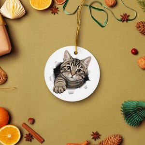 May include: A round, white ceramic ornament featuring a tabby cat emerging from a torn hole. The cat has brown and gray stripes and is reaching out with one paw. A gold string is attached for hanging. The ornament is surrounded by festive decorations.