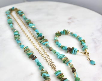 Turquoise and Gold Necklace Bracelet Set: Beaded Jewelry Gift