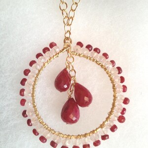 Ruby and Rose Quartz Gold Filled Necklace: Gemstone Briolette Pendant