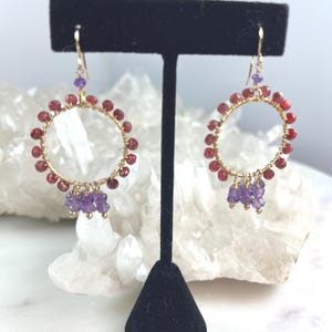 Ruby Amethyst Dangle Earrings: Gold Wrapped Gemstone Jewelry