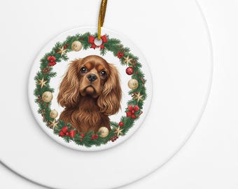Ruby Colored Cavalier King Charles Spaniel Ceramic Christmas Ornament